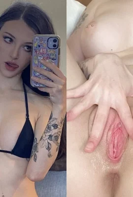 A blonde girl with infinite shame takes a close-up of her tender pussy and pink breasts from an extreme angle (11P)