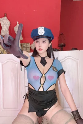 Cute girl Nai Xijiang, nice trainee policewoman themed sexy blue sheer top and black skirt, revealing ultra-thin flesh, showing off her plump figure, seductive photo 82P