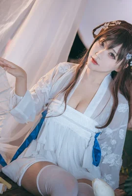 Is the anime blogger a bear? Azure Blue Route Yixian Theme Sexy White Classical Tulle Clothing with White Stockings Showing Beautiful Legs Temptation Photo 50P