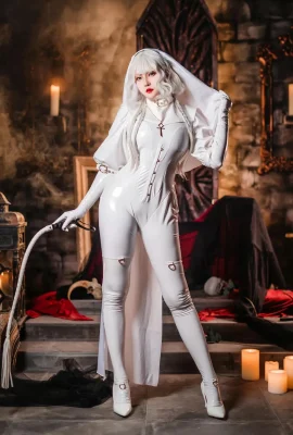 Online beauty Natsuko Xia Xiazi white nun theme sexy white leather onesie reveal white three-point underwear perfect temptation photo 61P