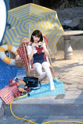 Douyin Inte celebrity Bangni Bonni contrast JK swimsuit theme swimming pool sexy dead library water dew three-point bikini show hot body tempting photo 97P